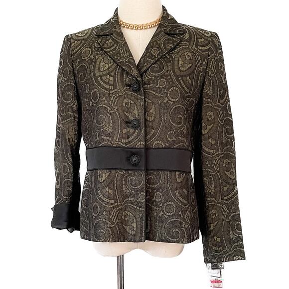 Vintage Kasper olive green paisley metallic jacquard evening jacket size SP/MP - Picture 1 of 10